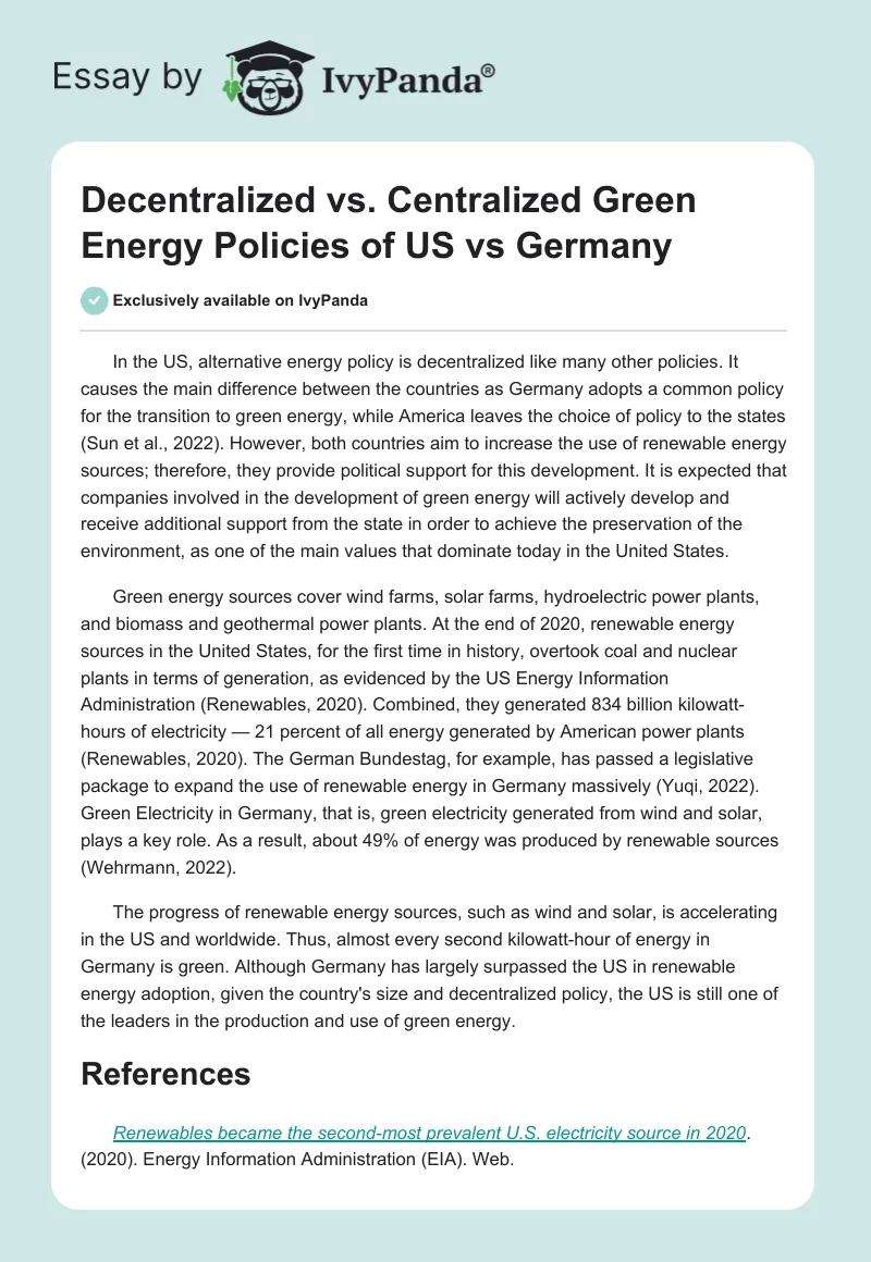 Decentralized vs. Centralized Green Energy Policies of US vs Germany. Page 1