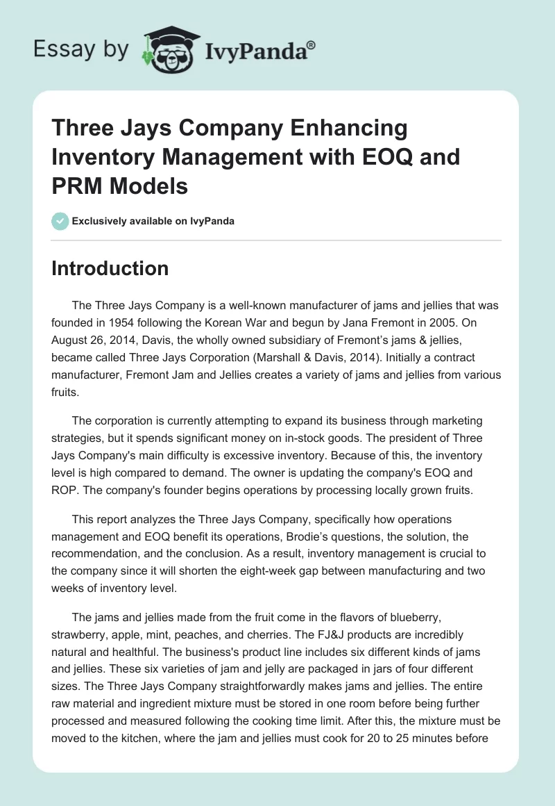 Three Jays Company Enhancing Inventory Management with EOQ and PRM Models. Page 1