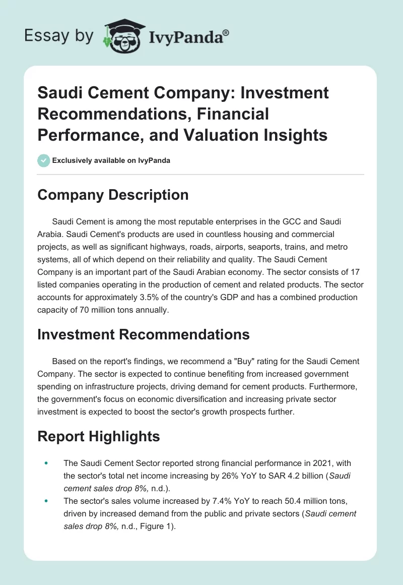 Saudi Cement Company: Investment Recommendations, Financial Performance, and Valuation Insights. Page 1