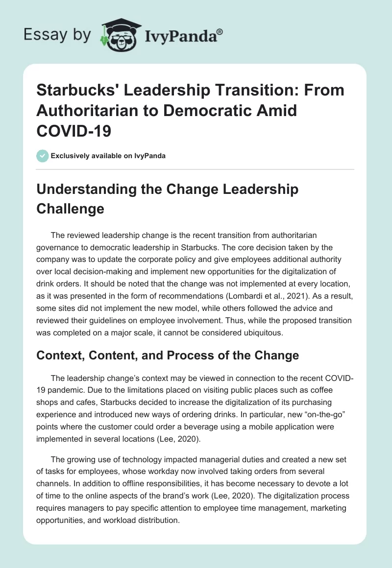 Starbucks' Leadership Transition: From Authoritarian to Democratic Amid COVID-19. Page 1