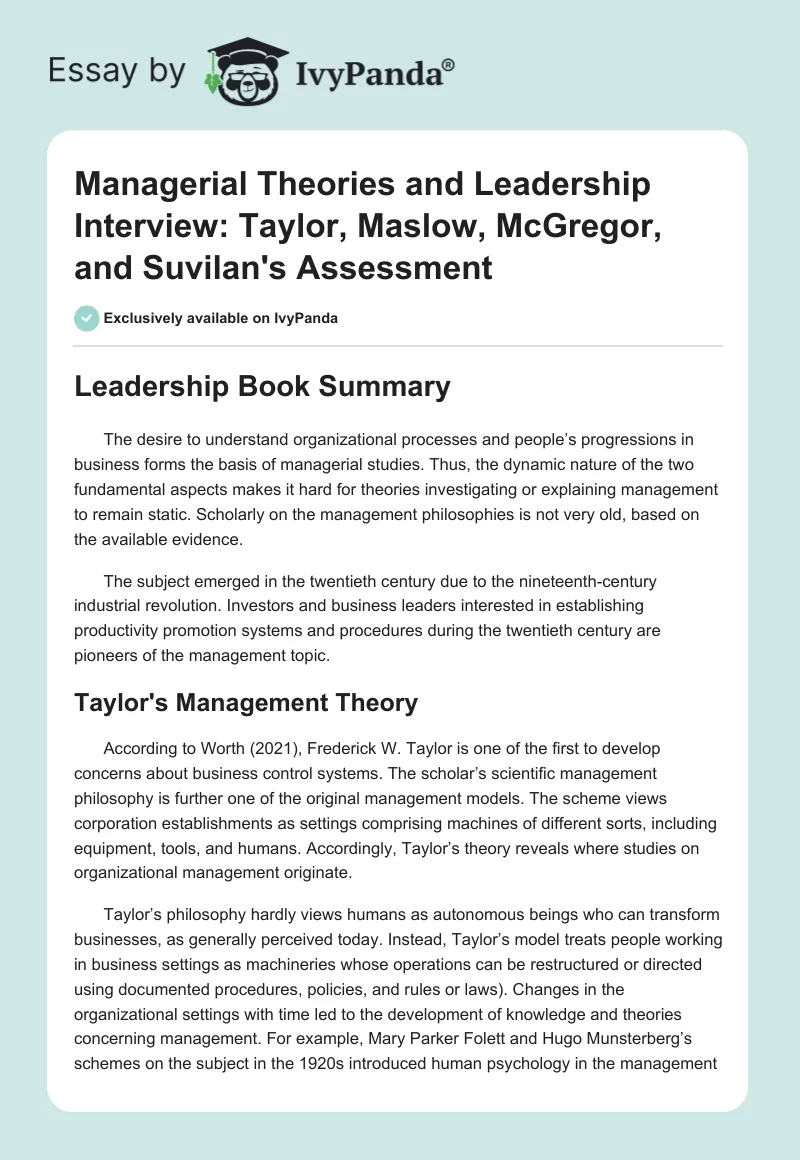 Managerial Theories and Leadership Interview: Taylor, Maslow, McGregor, and Suvilan's Assessment. Page 1