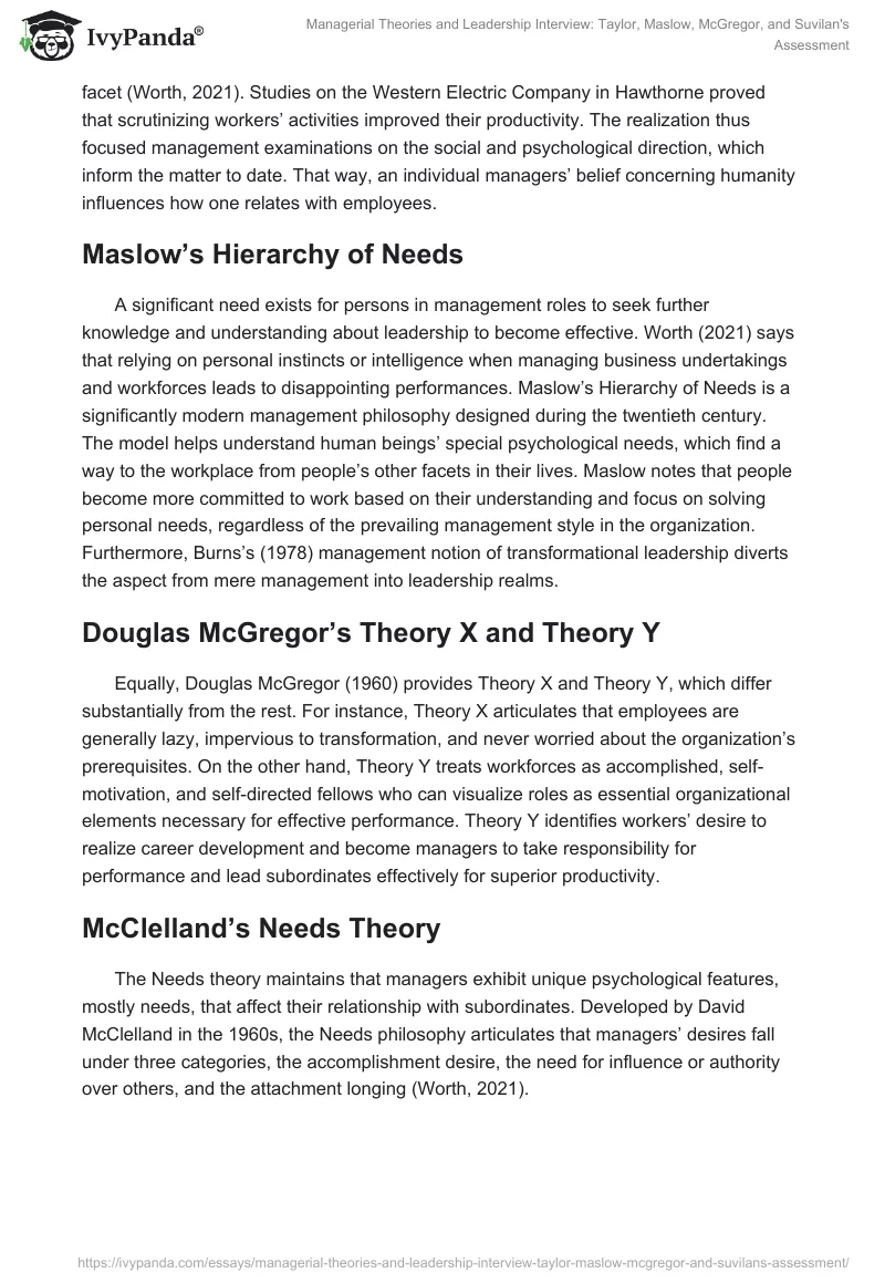 Managerial Theories and Leadership Interview: Taylor, Maslow, McGregor, and Suvilan's Assessment. Page 2