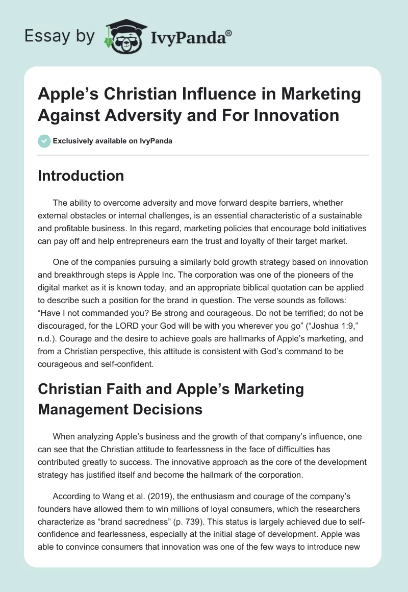 Apple’s Christian Influence in Marketing Against Adversity and For Innovation. Page 1