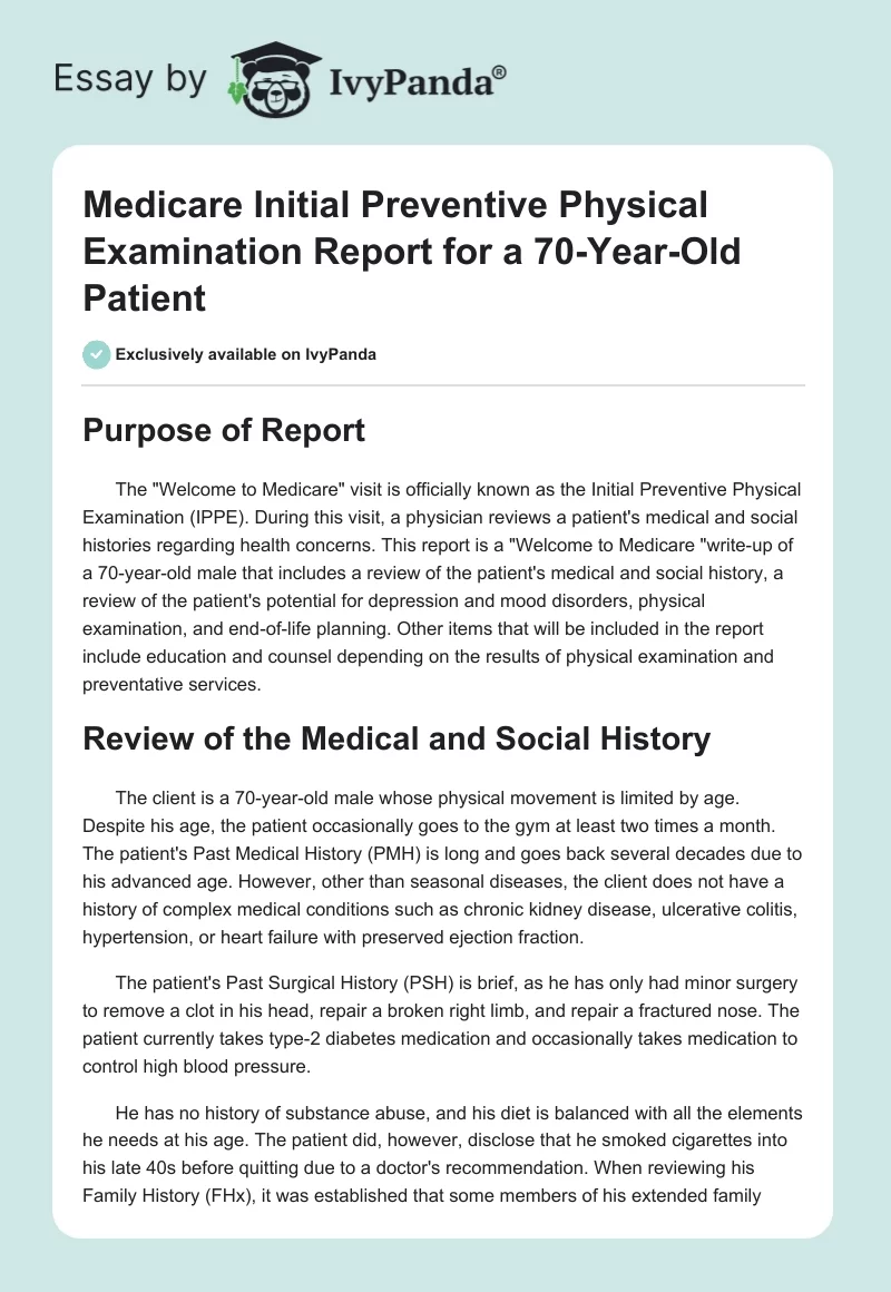 Medicare Initial Preventive Physical Examination Report for a 70-Year-Old Patient. Page 1