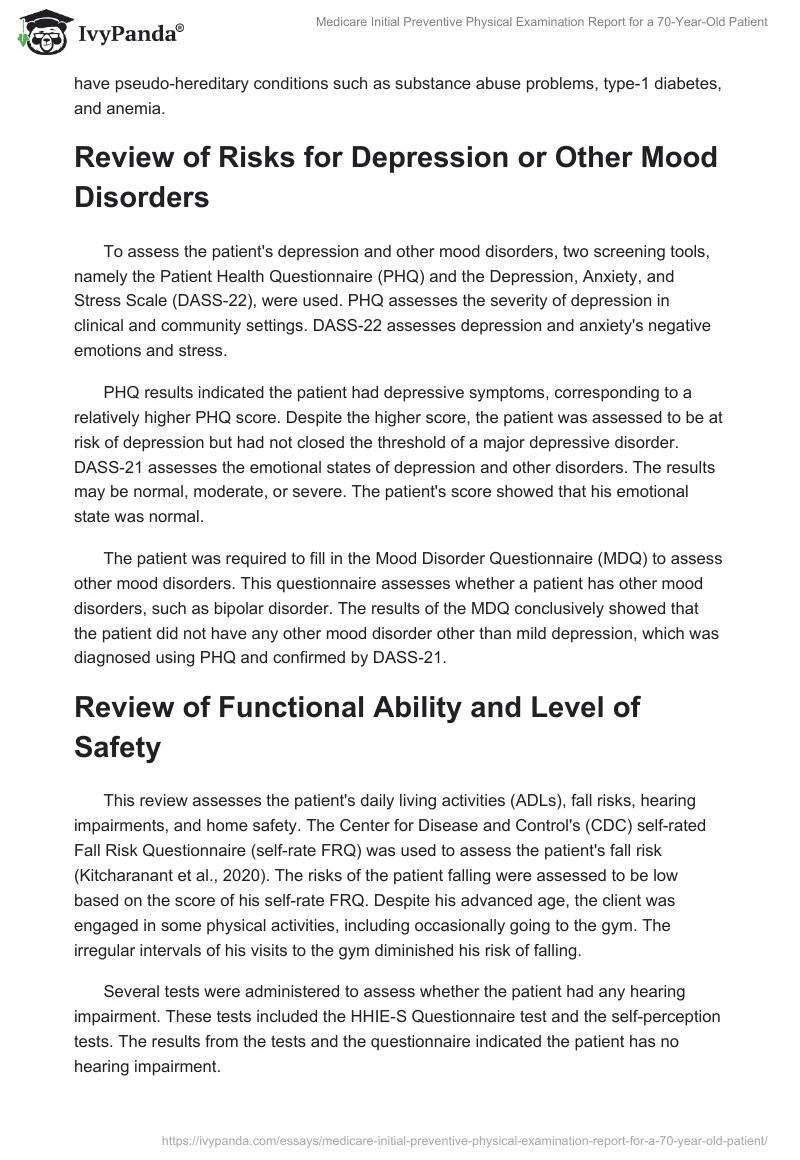 Medicare Initial Preventive Physical Examination Report for a 70-Year-Old Patient. Page 2