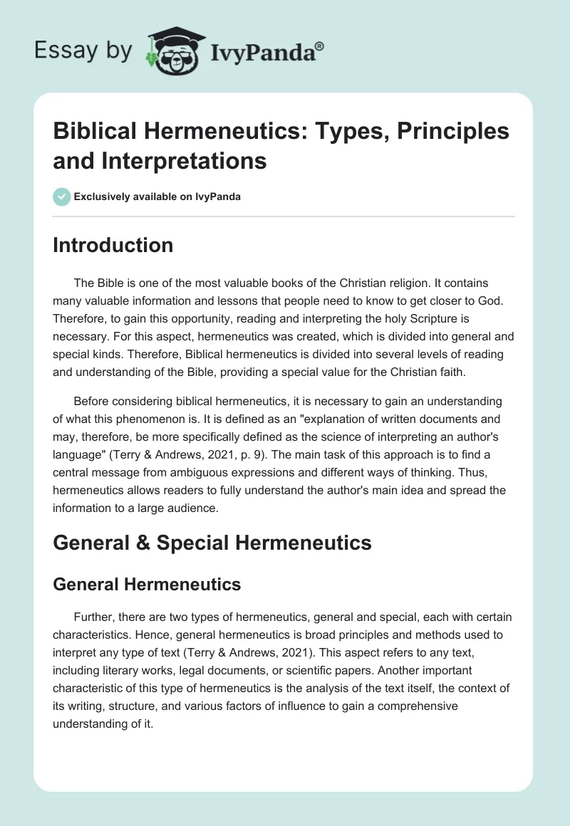 Biblical Hermeneutics: Types, Principles and Interpretations. Page 1