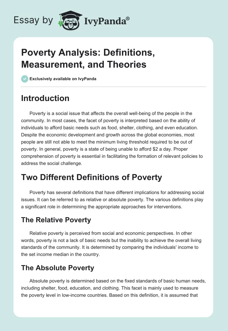 Poverty Analysis: Definitions, Measurement, and Theories. Page 1