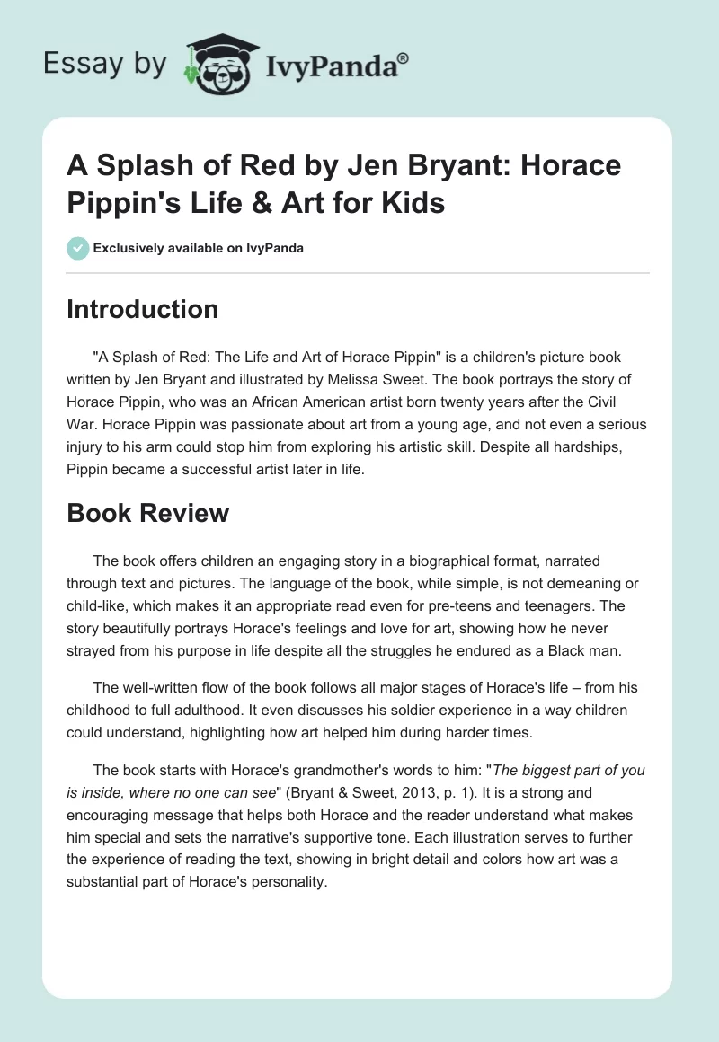 A Splash of Red by Jen Bryant: Horace Pippin's Life & Art for Kids. Page 1