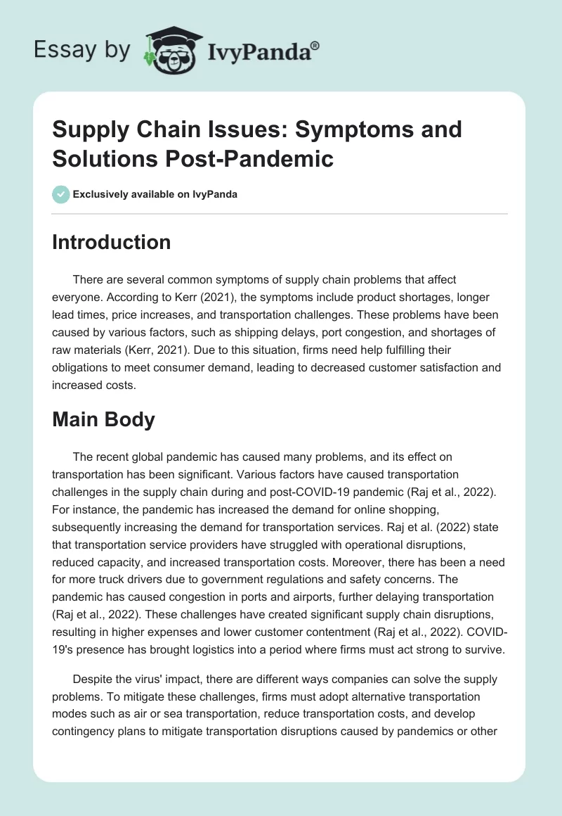 Supply Chain Issues: Symptoms and Solutions Post-Pandemic. Page 1