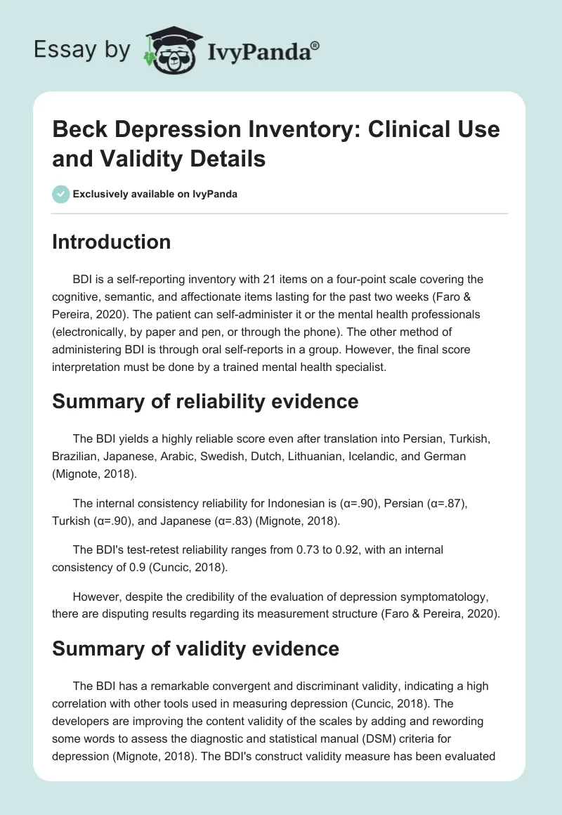 Beck Depression Inventory: Clinical Use and Validity Details. Page 1