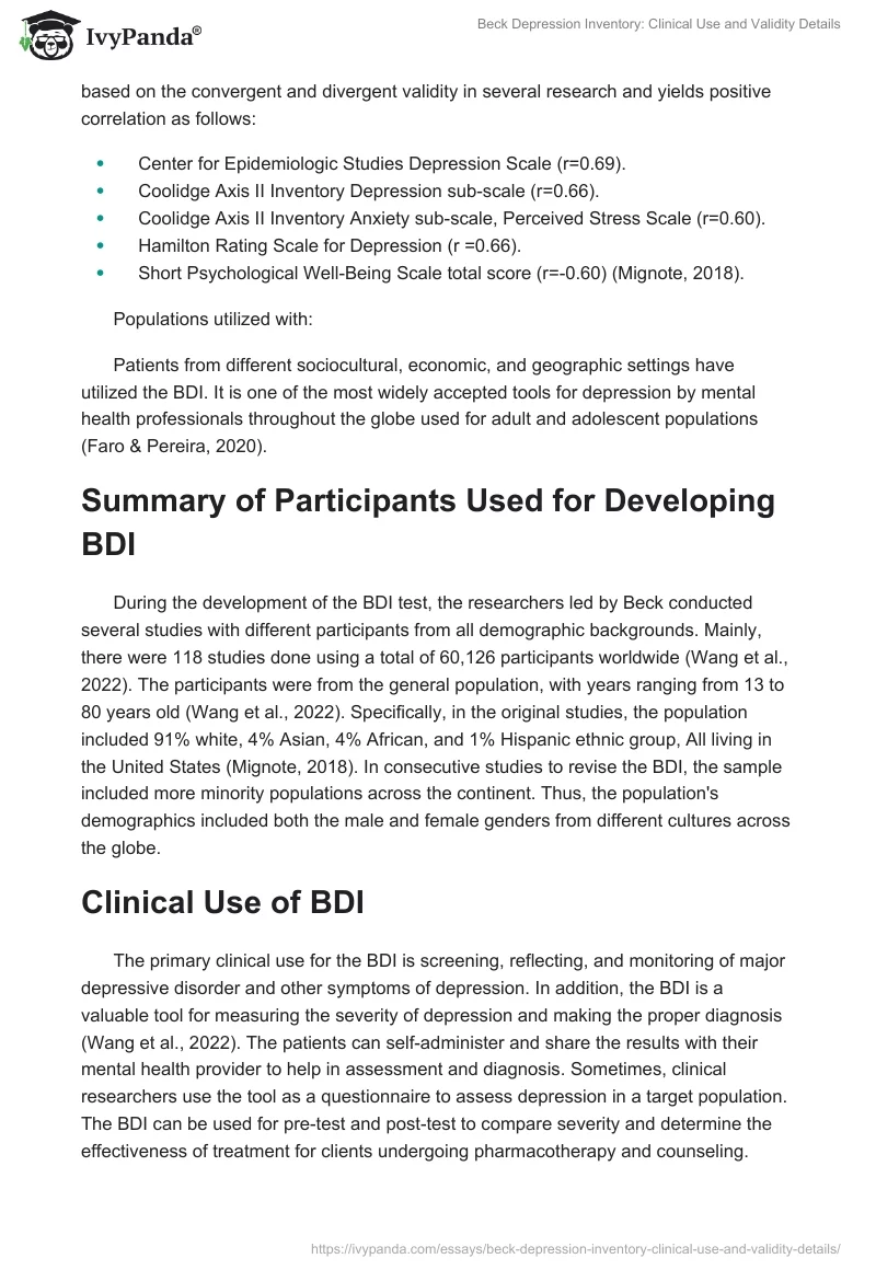 Beck Depression Inventory: Clinical Use and Validity Details. Page 2