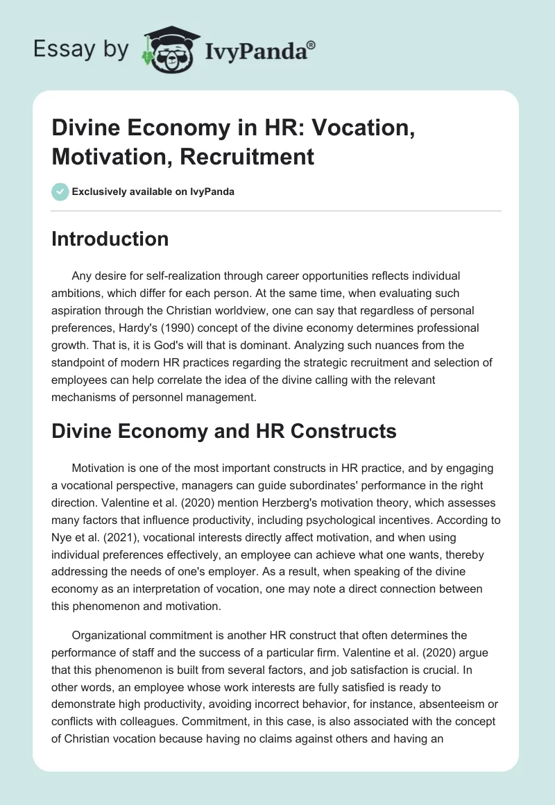 Divine Economy in HR: Vocation, Motivation, Recruitment. Page 1