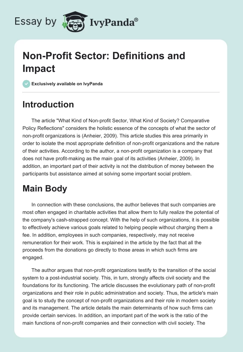 Non-Profit Sector: Definitions and Impact. Page 1