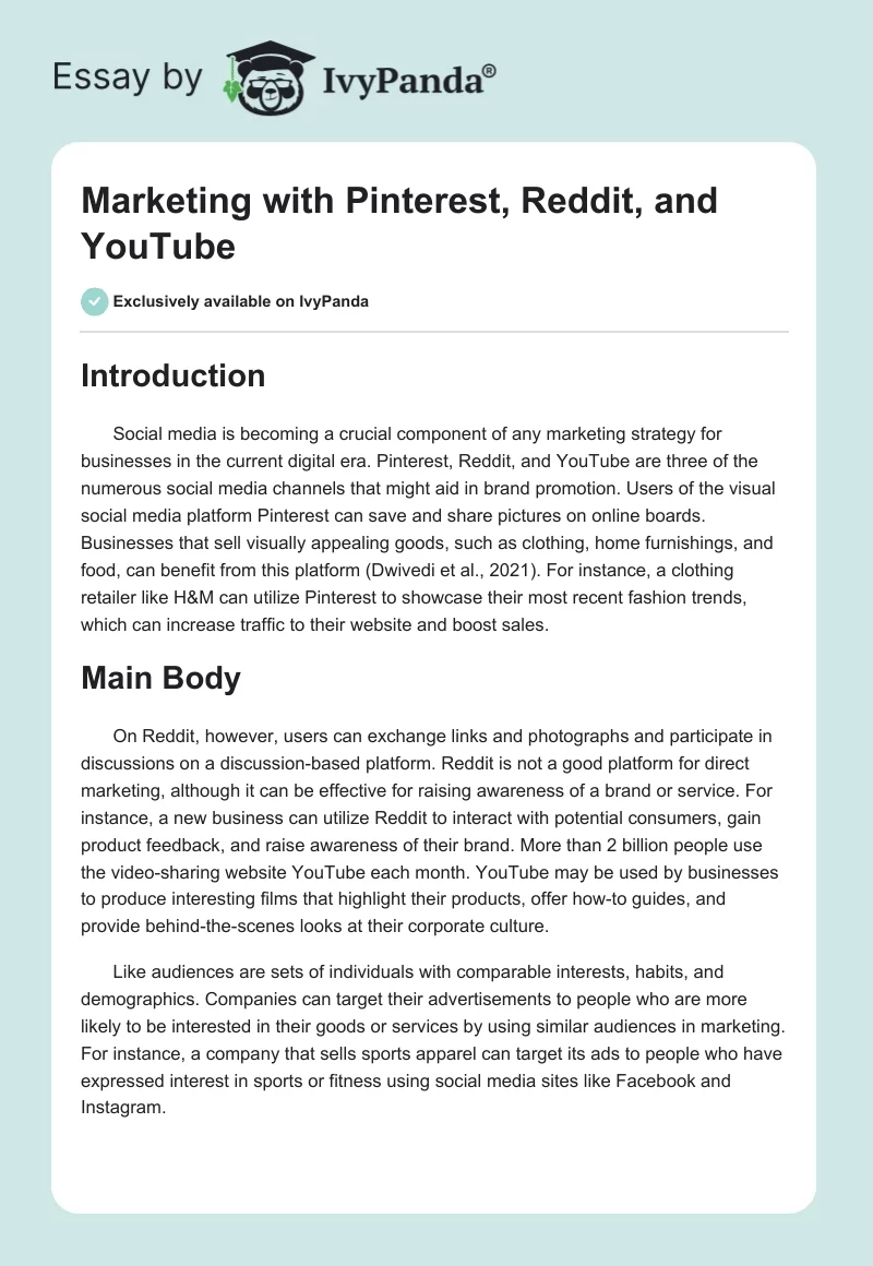 Marketing with Pinterest, Reddit, and YouTube. Page 1