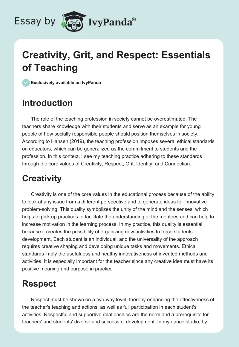 Creativity, Grit, and Respect: Essentials of Teaching. Page 1