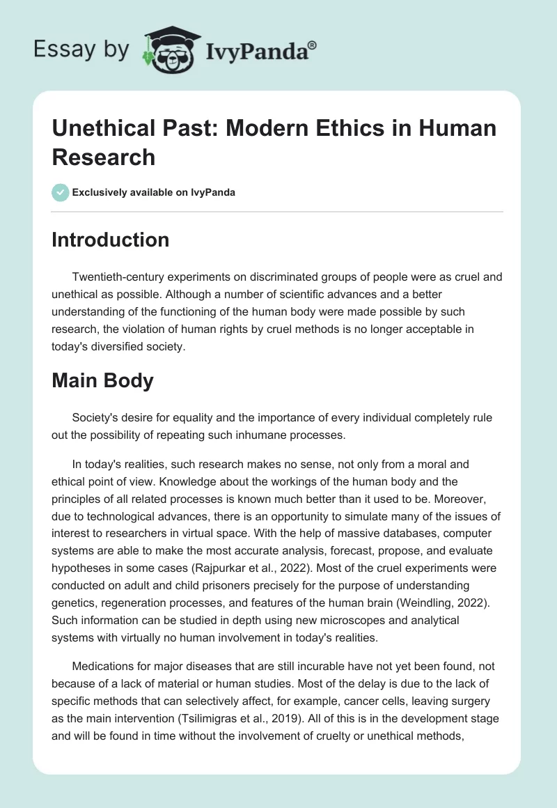 Unethical Past: Modern Ethics in Human Research. Page 1