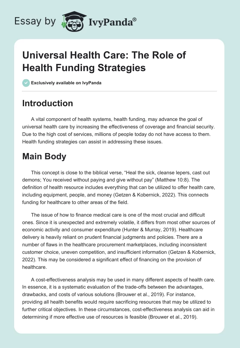 Universal Health Care: The Role of Health Funding Strategies. Page 1