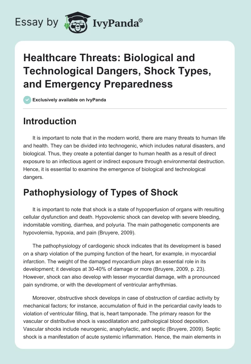 Healthcare Threats: Biological and Technological Dangers, Shock Types, and Emergency Preparedness. Page 1