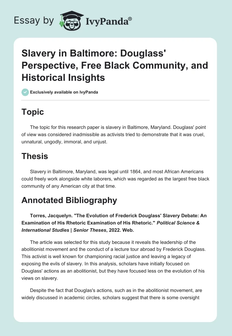 Slavery in Baltimore: Douglass' Perspective, Free Black Community, and Historical Insights. Page 1