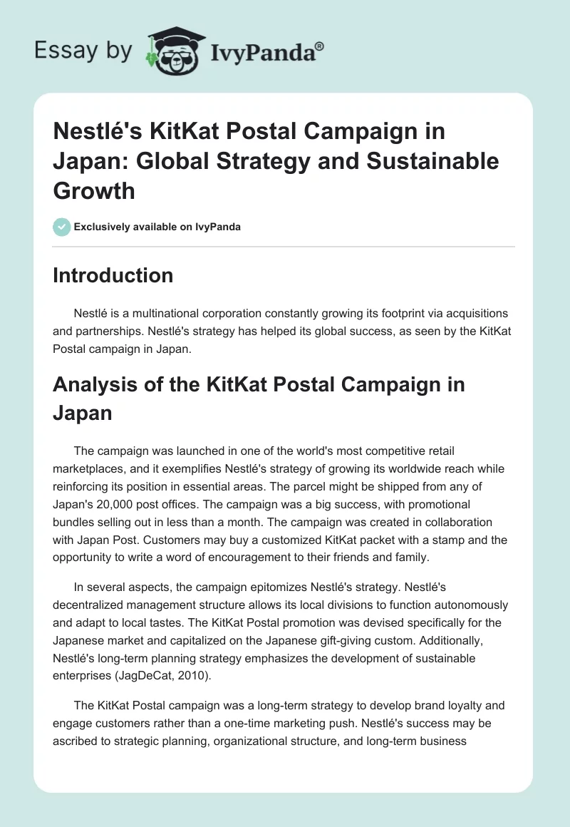 Nestlé's KitKat Postal Campaign in Japan: Global Strategy and Sustainable Growth. Page 1