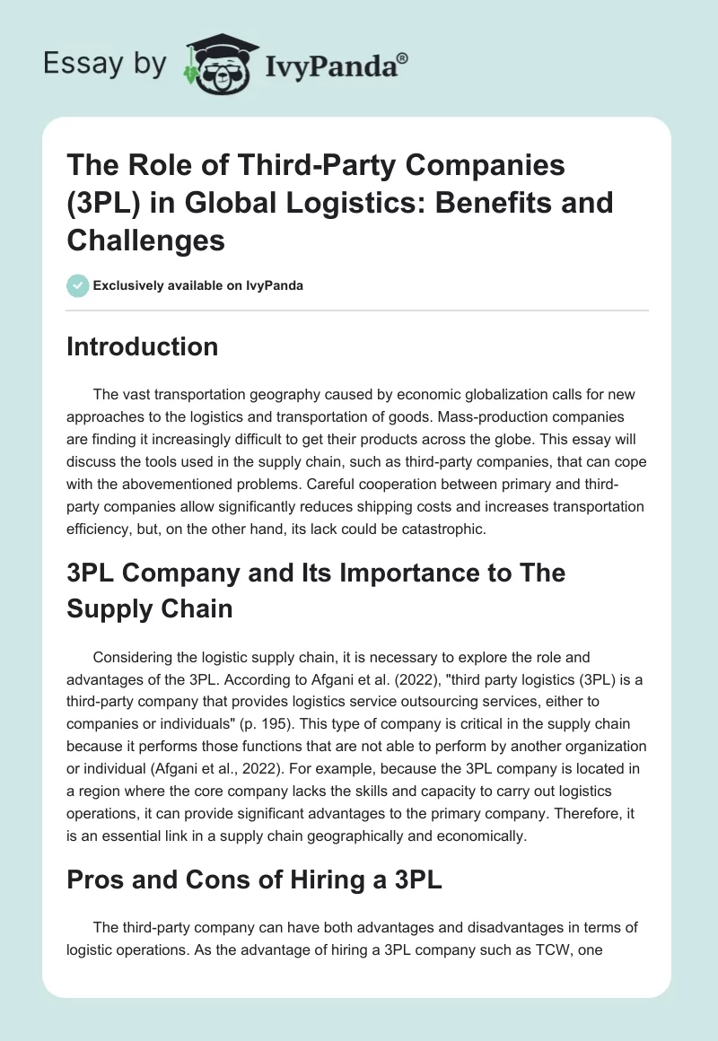 The Role of Third-Party Companies (3PL) in Global Logistics: Benefits and Challenges. Page 1