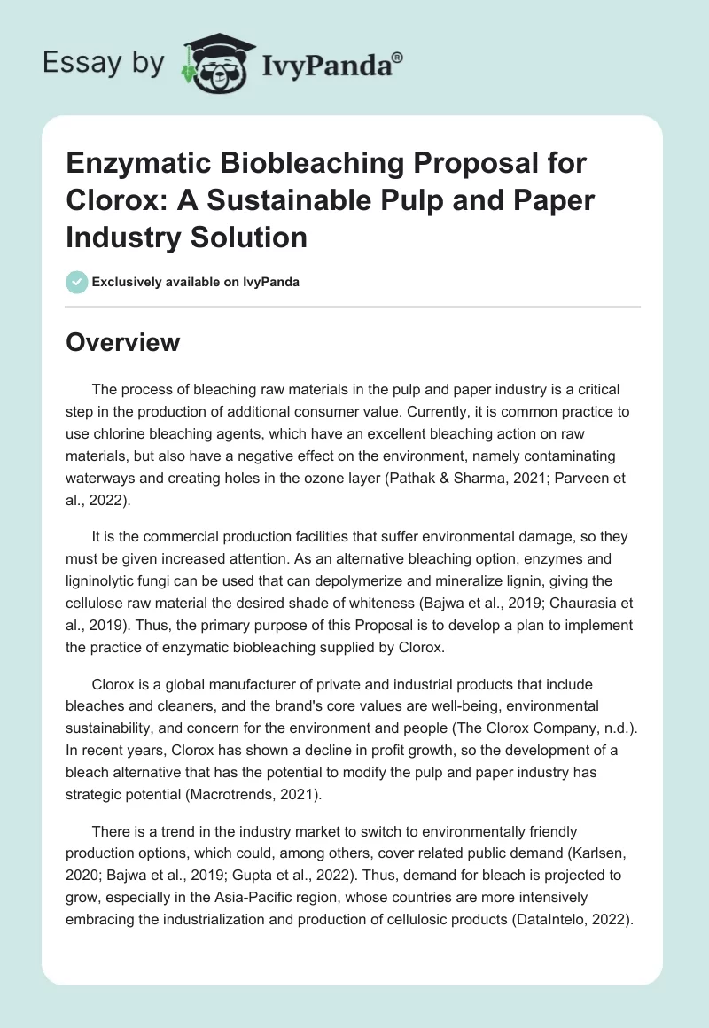 Enzymatic Biobleaching Proposal for Clorox: A Sustainable Pulp and Paper Industry Solution. Page 1