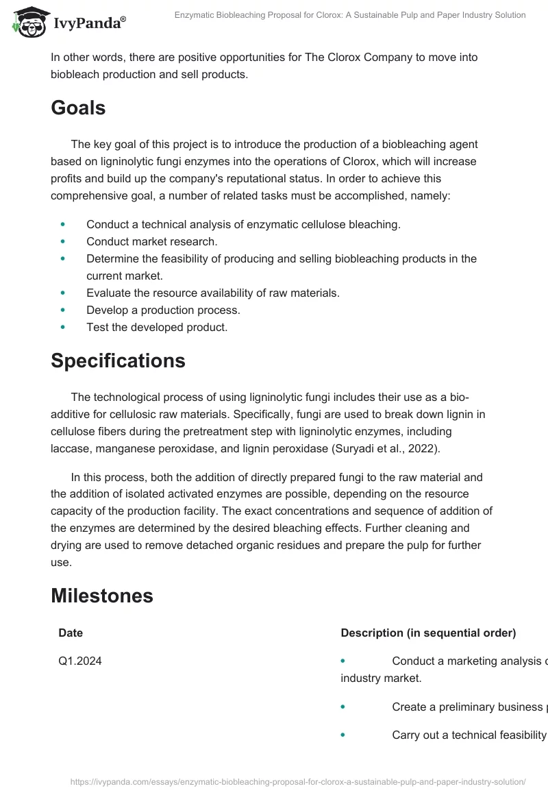 Enzymatic Biobleaching Proposal for Clorox: A Sustainable Pulp and Paper Industry Solution. Page 2