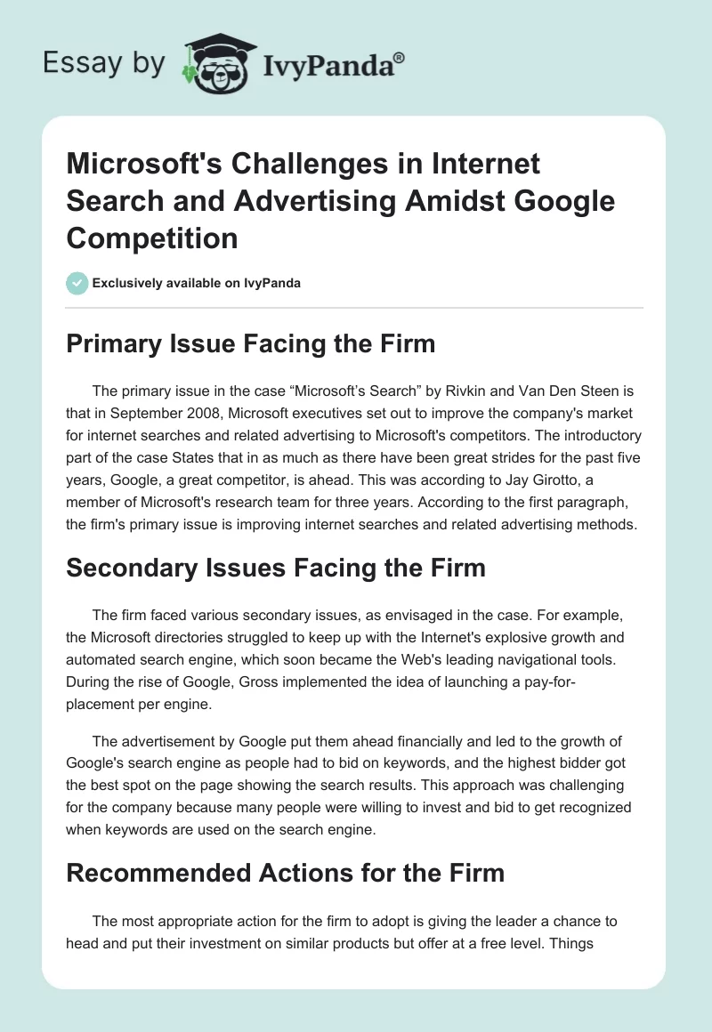 Microsoft's Challenges in Internet Search and Advertising Amidst Google Competition. Page 1