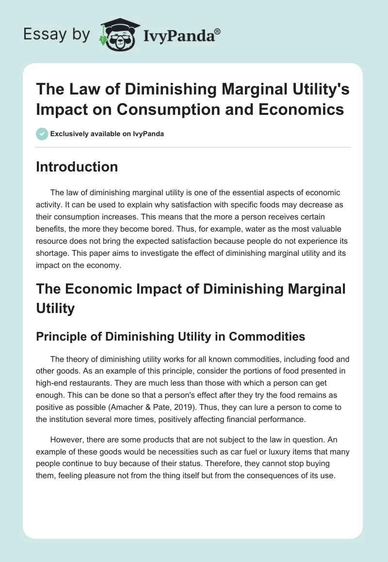 The Law of Diminishing Marginal Utility's Impact on Consumption and Economics. Page 1