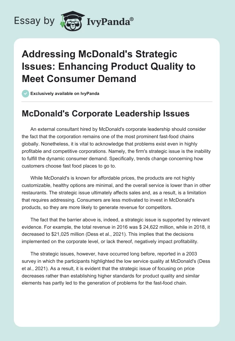 Addressing McDonald's Strategic Issues: Enhancing Product Quality to Meet Consumer Demand. Page 1