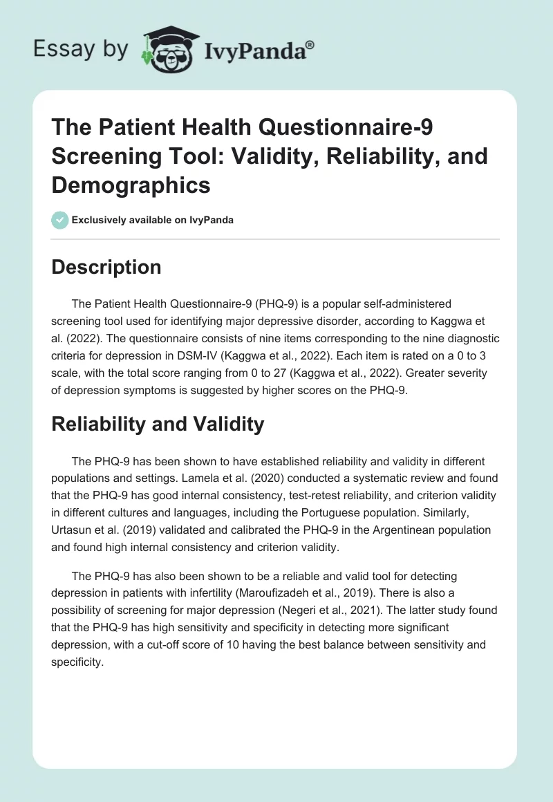 The Patient Health Questionnaire-9 Screening Tool: Validity, Reliability, and Demographics. Page 1