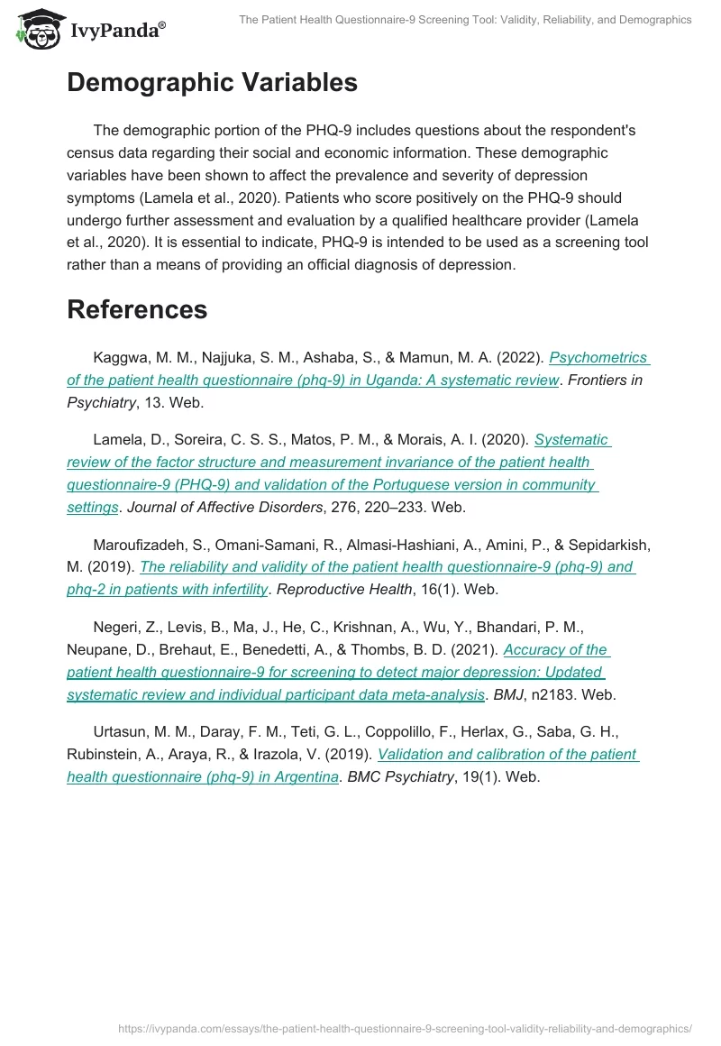 The Patient Health Questionnaire-9 Screening Tool: Validity, Reliability, and Demographics. Page 2