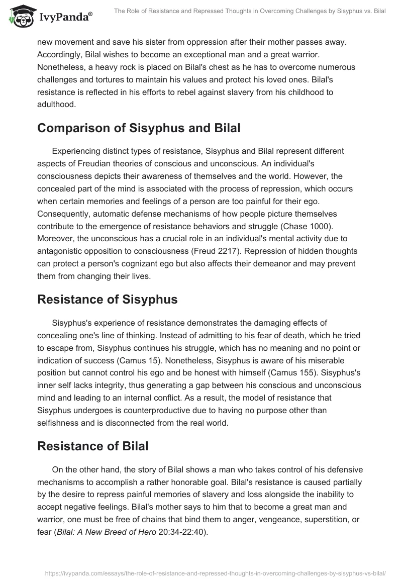 The Role of Resistance and Repressed Thoughts in Overcoming Challenges by Sisyphus vs. Bilal. Page 2