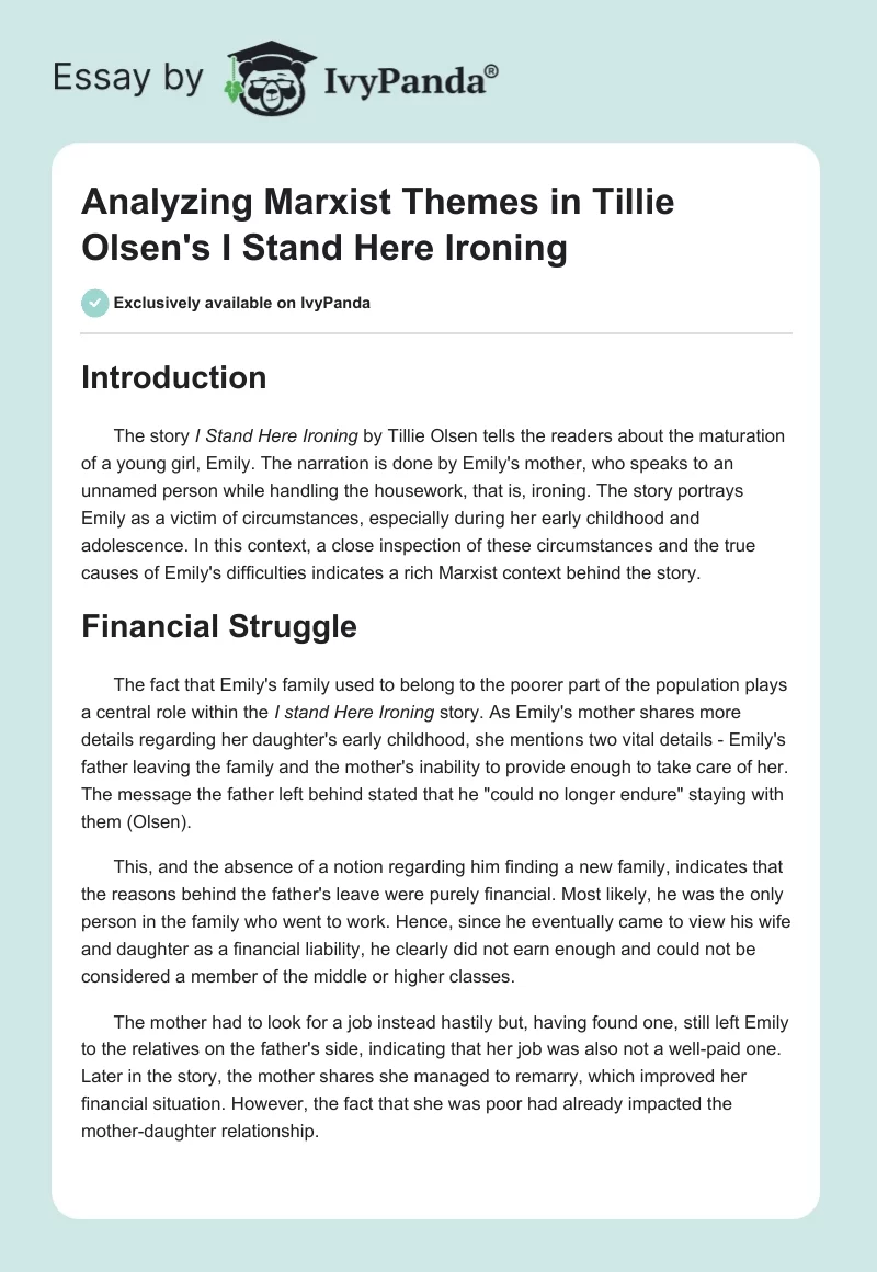 Analyzing Marxist Themes in Tillie Olsen's "I Stand Here Ironing". Page 1