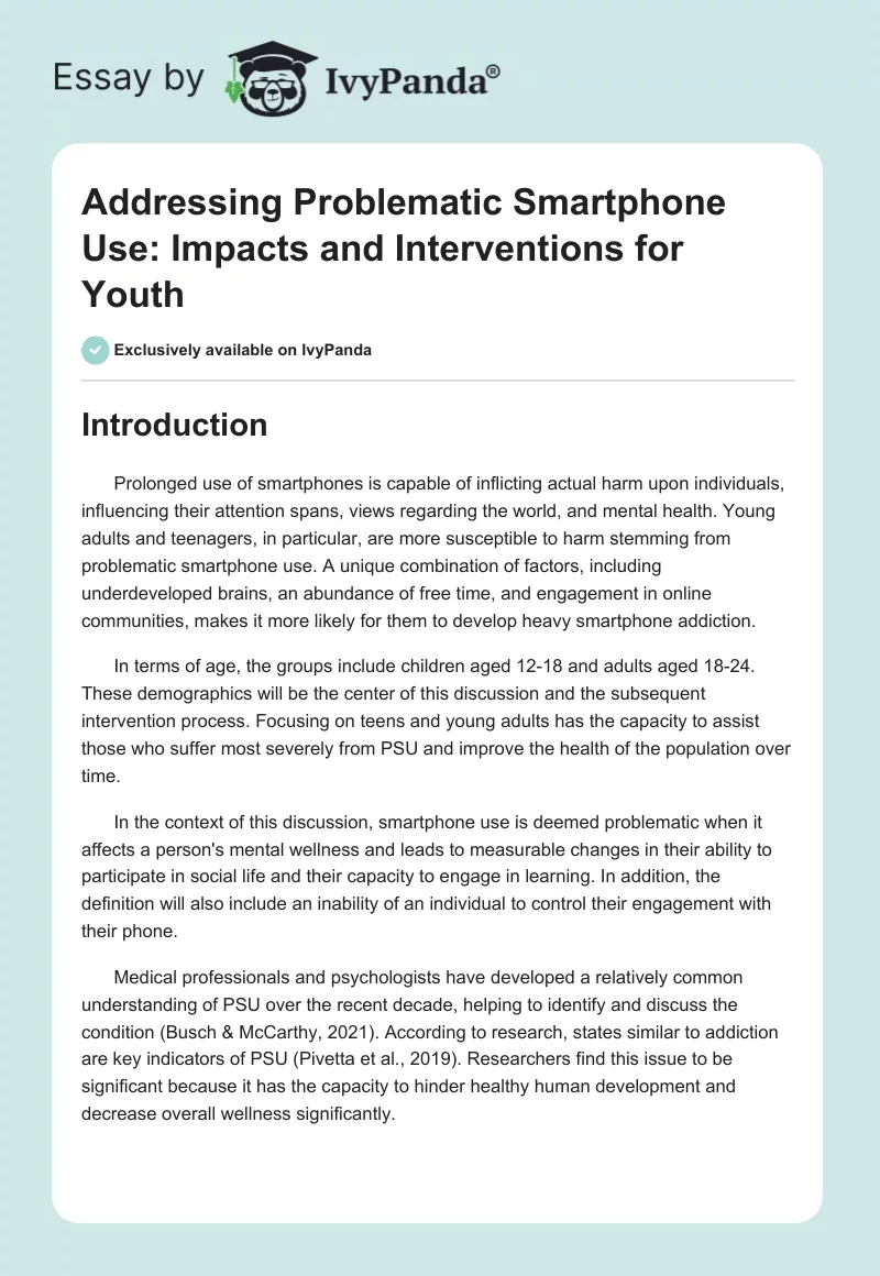 Addressing Problematic Smartphone Use: Impacts and Interventions for Youth. Page 1