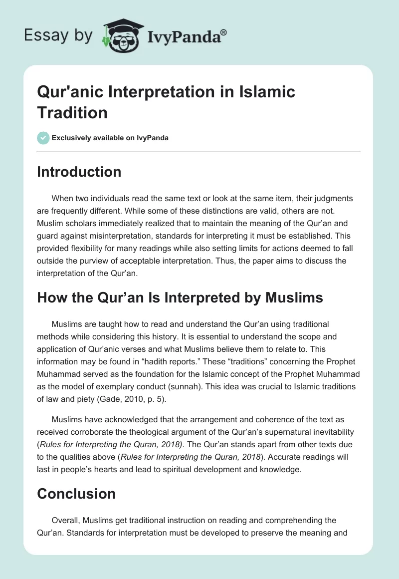 Qur'anic Interpretation in Islamic Tradition. Page 1