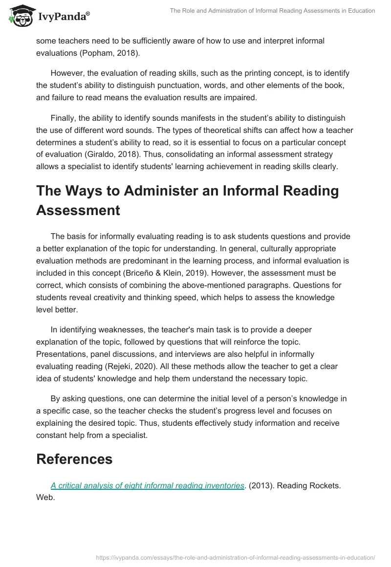 The Role and Administration of Informal Reading Assessments in Education. Page 2