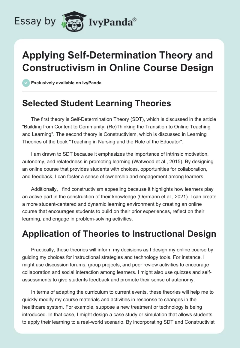 Applying Self-Determination Theory and Constructivism in Online Course Design. Page 1