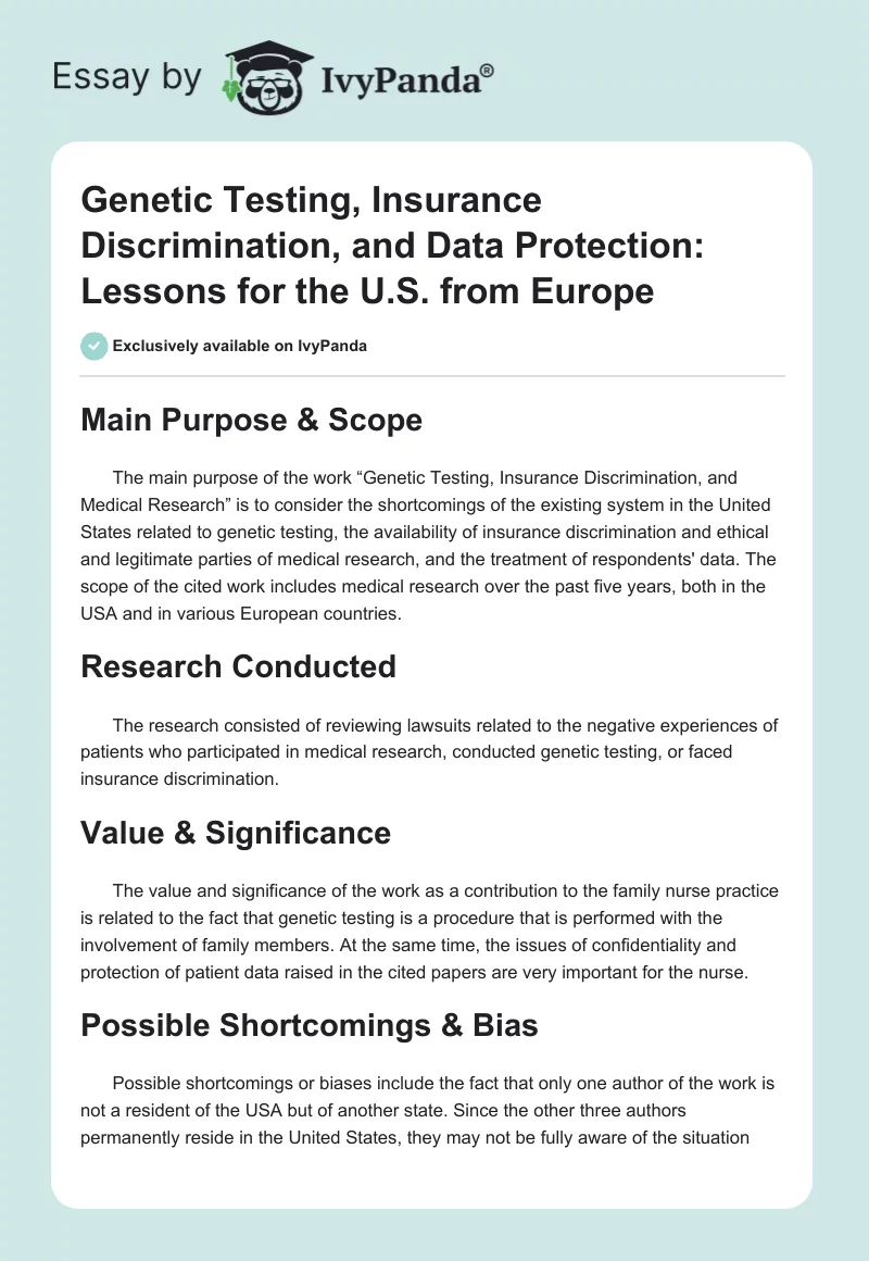 Genetic Testing, Insurance Discrimination, and Data Protection: Lessons for the U.S. from Europe. Page 1