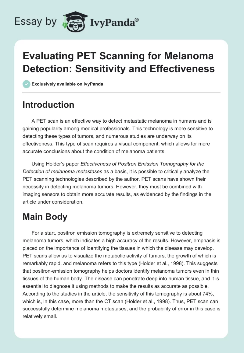 Evaluating PET Scanning for Melanoma Detection: Sensitivity and Effectiveness. Page 1