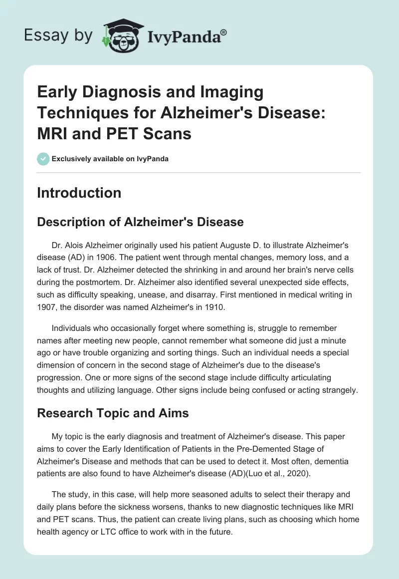 Early Diagnosis and Imaging Techniques for Alzheimer's Disease: MRI and PET Scans. Page 1