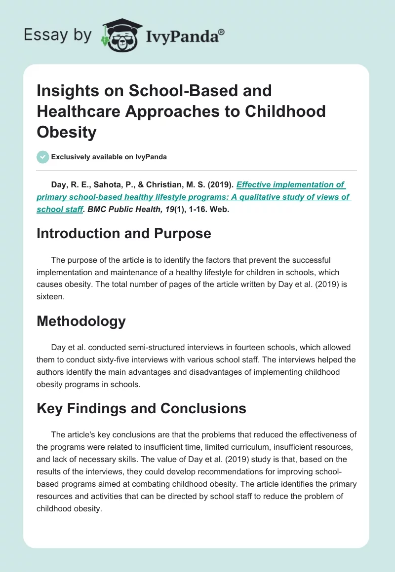 Insights on School-Based and Healthcare Approaches to Childhood Obesity. Page 1