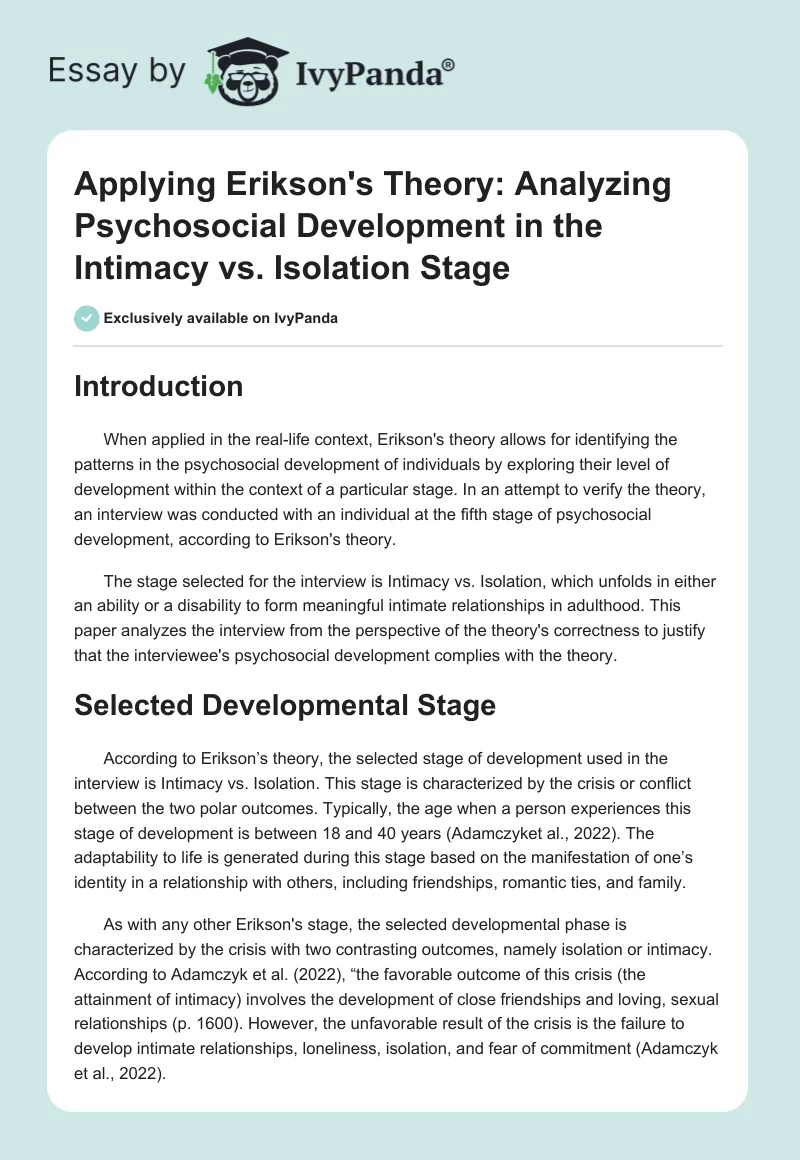 Applying Erikson's Theory: Analyzing Psychosocial Development in the Intimacy vs. Isolation Stage. Page 1