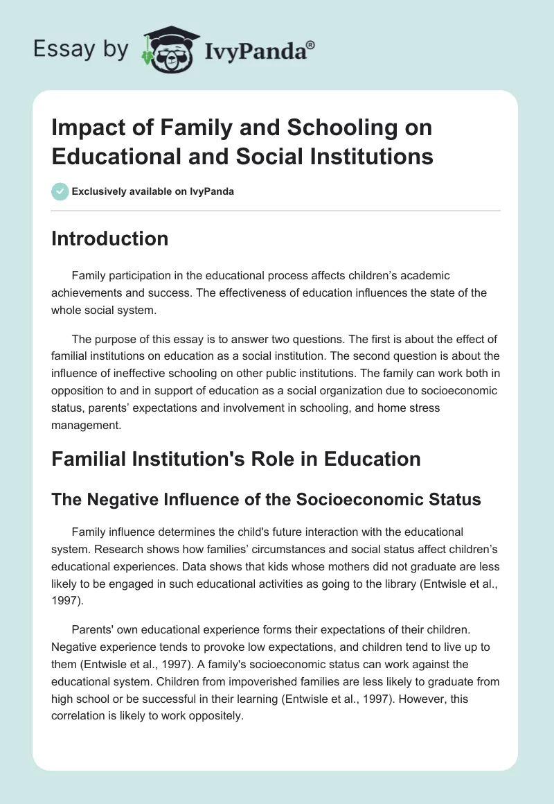 Impact of Family and Schooling on Educational and Social Institutions. Page 1