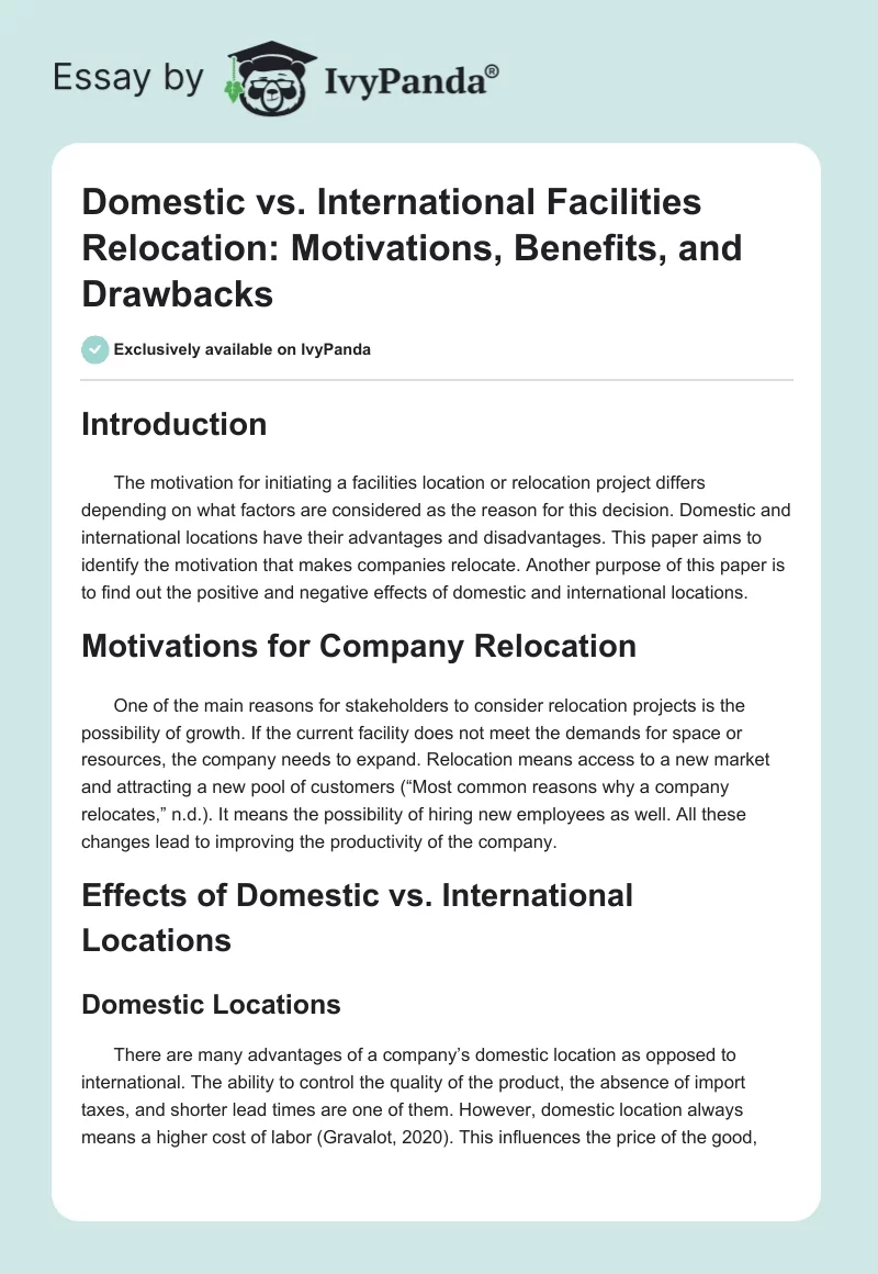 Domestic vs. International Facilities Relocation: Motivations, Benefits, and Drawbacks. Page 1