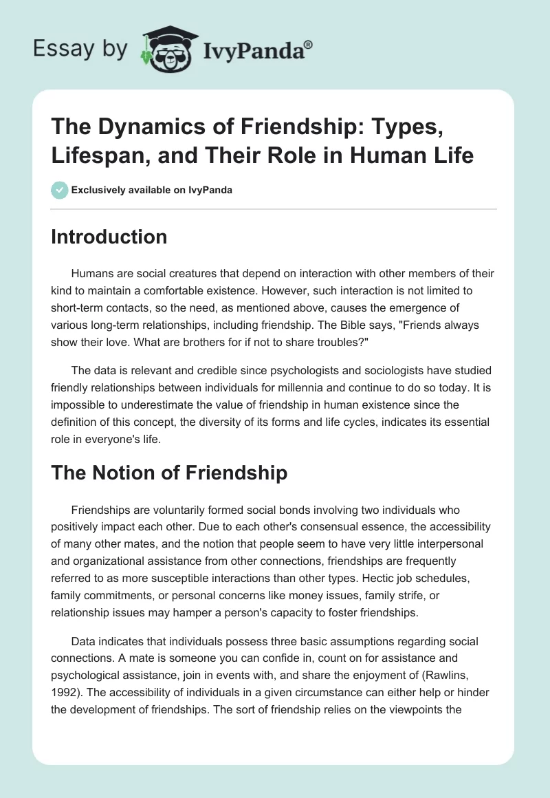 The Dynamics of Friendship: Types, Lifespan, and Their Role in Human Life. Page 1