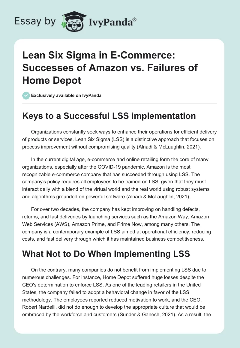 Lean Six Sigma in E-Commerce: Successes of Amazon vs. Failures of Home Depot. Page 1