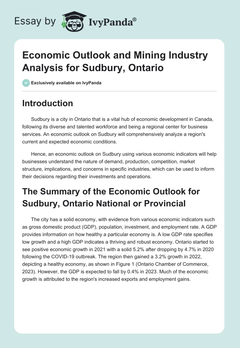 Economic Outlook and Mining Industry Analysis for Sudbury, Ontario. Page 1