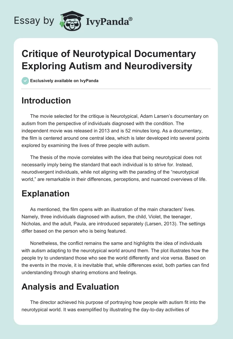 Critique of Neurotypical Documentary Exploring Autism and Neurodiversity. Page 1