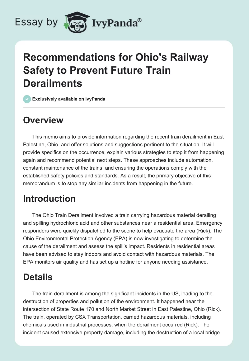 Recommendations for Ohio's Railway Safety to Prevent Future Train Derailments. Page 1